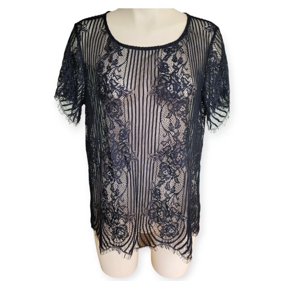For Love and Lemons Black Semi-Sheer Lace Overlay Top Size L - Picture 3 of 11